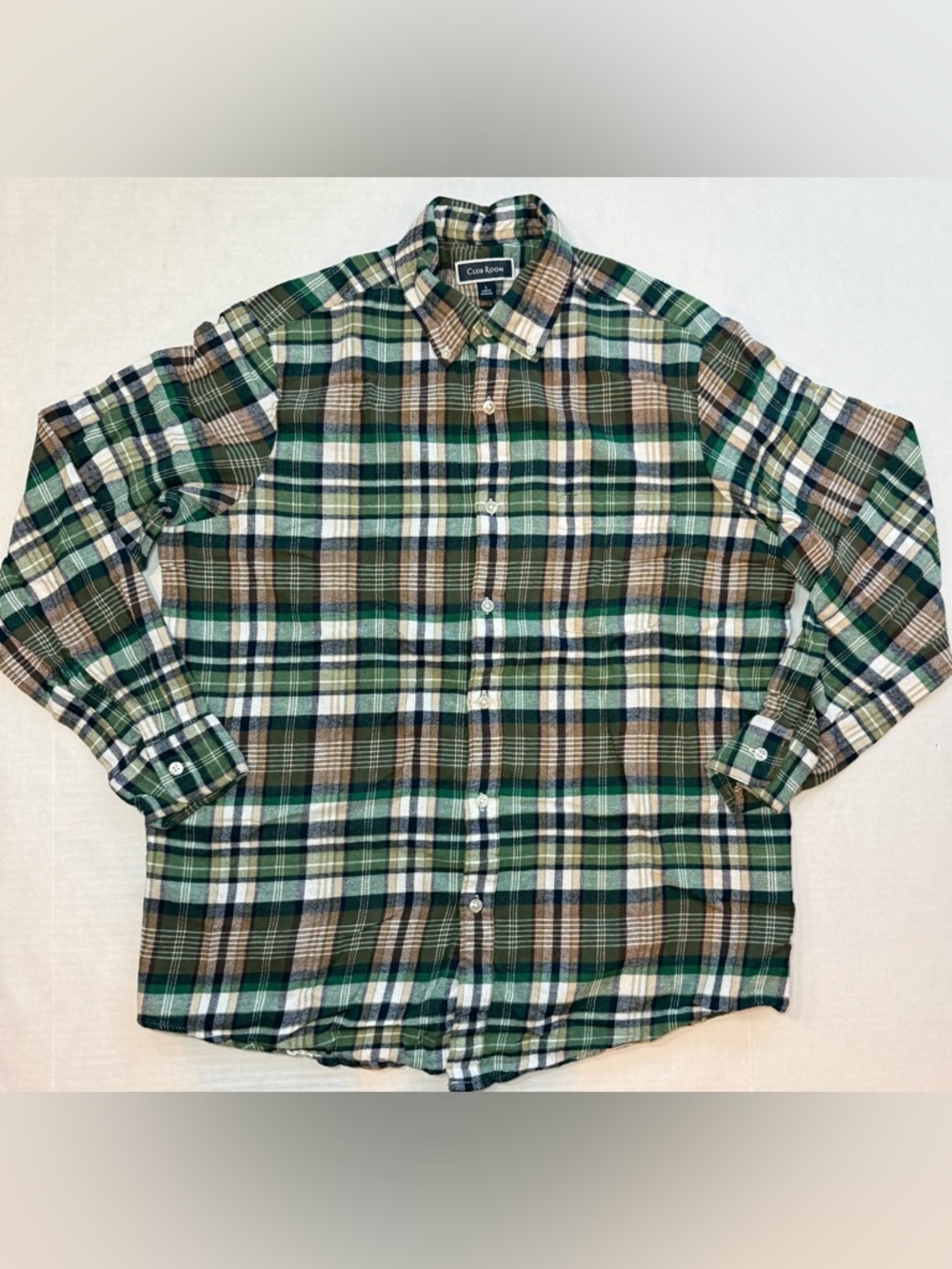 Club Room Men's Green Brown Plaid Flannel Button-Up Shirt Size L
